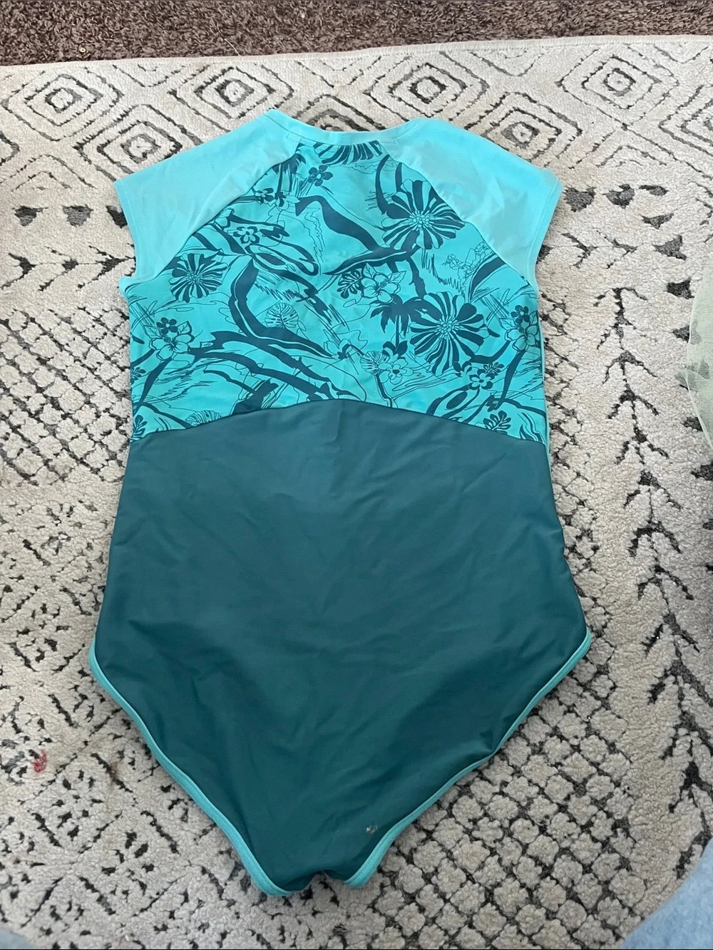 Athleta Girls' Teal and Deep Teal Floral-Panel One-Piece Swim